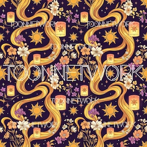 May include: A repeating pattern featuring long, flowing golden hair, suns, lanterns, and various flowers in shades of orange, purple, and white against a dark purple background. The text "TOONNETWORK" is overlaid on the design.