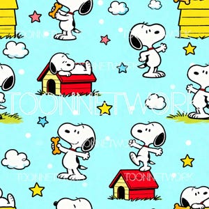 May include: A repeating pattern featuring the cartoon character Snoopy in various poses. Snoopy is depicted in white with black ears and a red collar, holding a bone, standing, and relaxing on his red doghouse. The background is light blue with stars and clouds.