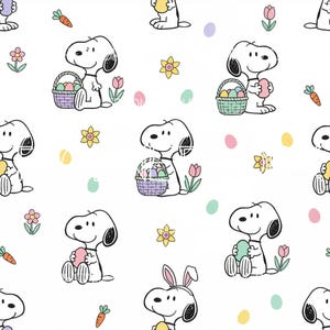 May include: A repeating pattern featuring Snoopy characters celebrating Easter. Snoopy is depicted with Easter eggs, baskets, carrots, flowers, and tulips on a white background. The design includes pastel colours and black outlines, creating a cheerful, festive theme.