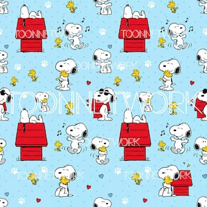 May include: A light blue fabric featuring a repeating pattern of Snoopy, Woodstock, and Snoopy's red doghouse. Snoopy is shown in various poses, including wearing sunglasses and dancing. The background has paw prints, musical notes, and hearts.
