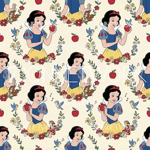 Könnte beinhalten: Ein sich wiederholendes Muster mit Schneewittchen, das einen roten Apfel hält, umgeben von einem Blumenkranz, Vögeln und Waldtieren. Das Design umfasst Noten und rote Äpfel auf cremefarbenem Hintergrund. Das Gesamtthema ist ein Märchen.