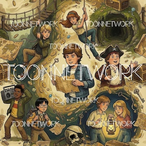 May include: An illustrated scene of a treasure hunt with cartoon characters. The image features children exploring a cave, holding maps, and searching for treasure. Gold coins and treasure chests are scattered throughout the scene.