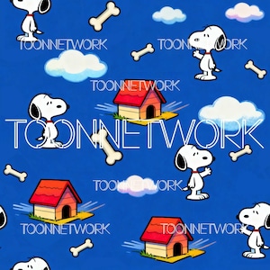 May include: A seamless pattern on a blue background featuring cartoon character Snoopy, dog houses, bones, and clouds. The text "TOONNETWORK" is repeated throughout the design. The design is a repeating pattern.