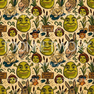 May include: A repeating pattern featuring characters from the animated film Shrek. The design includes Shrek, Donkey, Princess Fiona, and the Cat in the Hat, along with lily pads, cattails, and signs that read "Beware Ogre". The words "TOON NETWORK" are also visible.