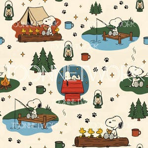 May include: A repeating pattern with Snoopy and Woodstock enjoying camping activities. The design includes Snoopy fishing, roasting marshmallows, and relaxing on his doghouse. Other elements include a tent, campfire, trees, lanterns, mugs, and paw prints.