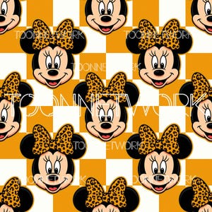 May include: A repeating pattern featuring Minnie Mouse's face with a leopard print bow on a yellow and white checkered background. The text "TOON NETWORK" is visible in the background.
