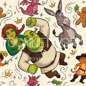 May include: A repeating pattern featuring Shrek, Princess Fiona, Donkey, Puss in Boots, a gingerbread man, and a pink dragon on a cream background. The design includes small gold crowns, green leaves, and stars, with the text TOONNETWORK overlaid.