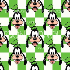 May include: Seamless pattern featuring the cartoon character Goofy's face, repeated across a green and white checkered background. Goofy is depicted with a green hat, black ears, and a large, open mouth. The text "TOON NETWORK" is also visible.