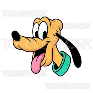 May include: Cartoon illustration of a yellow dog with a black nose, ears, and tail. The dog has a pink tongue sticking out and is wearing a teal collar. The image is on a white background.