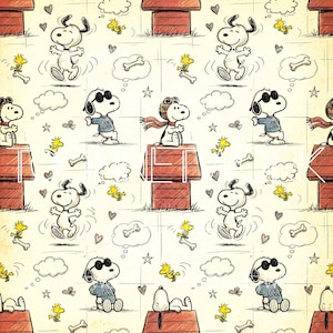May include: A repeating pattern featuring Snoopy in various poses, including wearing sunglasses and a pilot's scarf, and Woodstock. The design includes Snoopy's doghouse, thought bubbles, hearts, stars, and bone illustrations on a cream-coloured background.
