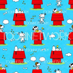 May include: A repeating pattern featuring Snoopy and Woodstock characters on a light blue background. Snoopy is shown on top of his red doghouse, and also jumping and wearing sunglasses. The text "TOON NETWORK" is also present.