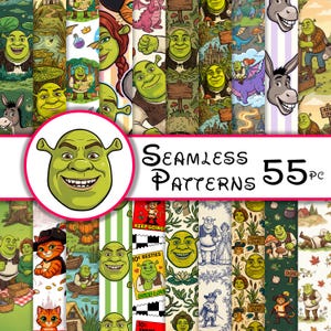 May include: A digital collection of 55 seamless patterns featuring Shrek, Fiona, Donkey, and Puss in Boots in various swamp and fairy tale settings. The graphics include illustrations of castles, mushrooms, and signs with text like KEEP GOING.