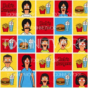 May include: A grid of colorful squares featuring characters and food items from the animated TV show "Bob's Burgers." The squares alternate between red, yellow, and blue backgrounds, with the words "Bob's Burgers" and "Toon Network" displayed.