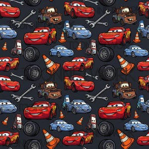 May include: A repeating pattern of cartoon cars, such as red Lightning McQueen, blue Sally Carrera, and brown Mater, set against a dark grey backdrop. The design incorporates orange traffic cones, spanners, and tyres. Ideal for children's themed items.