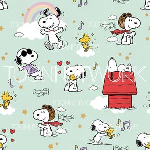 May include: A repeating pattern featuring Snoopy and Woodstock characters in various poses. Snoopy is shown wearing sunglasses, a pilot's cap, and dancing. The background is a light blue with clouds, musical notes, stars, and airplanes.
