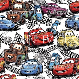 Puede incluir: Patrón repetitivo de coches de dibujos animados rojos, azules, amarillos y marrones, con caras expresivas. El diseño incluye huellas de neumáticos, banderas a cuadros y el texto "TOONNETWORK" sobre un fondo blanco. Los coches son de varios estilos.