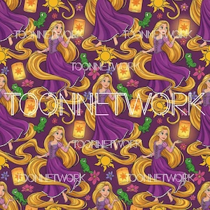 May include: A repeating pattern featuring a cartoon princess with long blonde hair, wearing a purple dress, and holding a lantern. The design includes suns, flowers, and a green chameleon on a dark purple background. The text "TOONNETWORK" is overlaid.