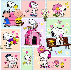 Könnte beinhalten: Ein farbenfrohes Patchwork-Design mit Snoopy und seinen Freunden in verschiedenen Szenen. Snoopy wird mit Blumen, Eis und auf einem Skateboard gezeigt. Weitere Charaktere sind Charlie Brown, Lucy und Woodstock. Der Hintergrund umfasst Herzen, Blumen und Schmetterlinge.
