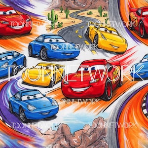 May include: Colorful illustration featuring cartoon cars racing on a desert road. The cars are red, blue, and yellow, with smiling faces. The background includes a desert landscape with cacti and a winding road. The text "TOONNETWORK" is visible.