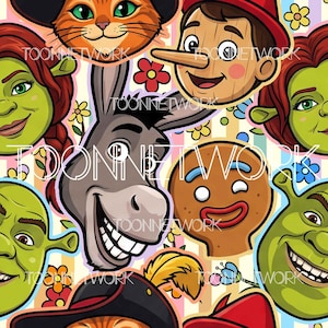 Puede incluir: Un patrón colorido con caras de personajes de dibujos animados de la película Shrek, incluyendo a Shrek, Asno, Gato con Botas, Pinocho y el Hombre de Jengibre. El fondo tiene rayas verticales y el texto "TOONNETWORK".