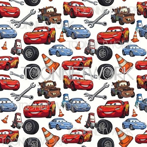 May include: A repeating pattern featuring cartoon cars, including red Lightning McQueen, blue Sally Carrera, and brown Mater, alongside spanners, tyres, and traffic cones on a white backdrop. The text "TOONNETWORK" is also present.