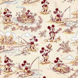 Op de afbeelding: Een herhalend patroon met Mickey Mouse in verschillende poses, waaronder vissen, autorijden en banjo spelen. Het ontwerp is in vintage stijl met een crèmekleurige achtergrond en bruine en blauwe accenten, die doen denken aan een klassieke cartoon.