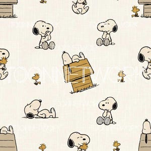 May include: A repeating pattern on a light cream background featuring the cartoon character Snoopy in various poses, including sitting, lying down, and resting on a brown doghouse, accompanied by the small yellow bird Woodstock and the text TOONNETWORK.