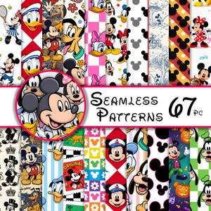 May include: A collection of 67 seamless patterns featuring various Disney characters. The patterns include Mickey Mouse, Minnie Mouse, Donald Duck, and Goofy, with designs in a variety of colors and styles. The words "Seamless Patterns" and "67 pc" are also visible.