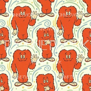 May include: A repeating pattern featuring cartoon-like orange creatures with shaggy fur, waving hands, and smiling faces. The background is a light yellow with blue and green swirly lines. The creatures have white gloves and shoes.