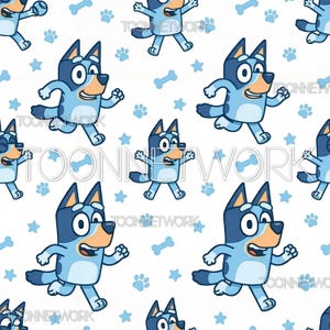 May include: A repeating pattern featuring the cartoon character Bluey in various poses. The design includes light blue paw prints, bones, and stars on a white background. Bluey is depicted in shades of blue, with a tan muzzle.