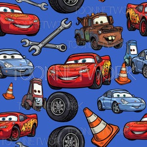 May include: A repeating pattern of animated cars, tyres, spanners, and traffic cones on a blue background. The cars are primarily red and blue, with smiling faces. The image has a cartoon style.