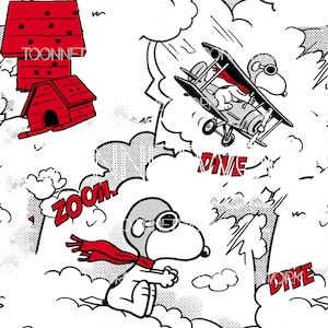 May include: Comic-style illustration of Snoopy in a biplane and flying through clouds. The word "ZOOM" is in red, along with the word "DIVE". Snoopy's red doghouse is in the upper left corner. Black and white with red accents.