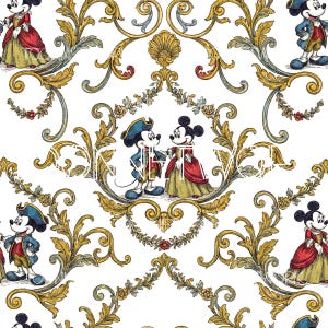 May include: A repeating pattern featuring Mickey and Minnie Mouse in vintage attire, set against a backdrop of ornate gold and green scrollwork on a white background. The design evokes a classic, regal aesthetic.