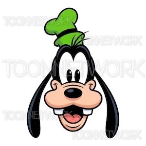 Puede incluir: Ilustración de dibujos animados de la cara de Goofy, con un sombrero verde, orejas negras y la boca abierta. El personaje tiene una nariz rosa y dientes visibles. La imagen es de estilo de dibujos animados clásico.