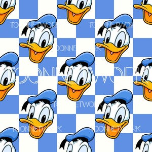 May include: A repeating pattern featuring Donald Duck's face on a blue and white checkered background. Donald Duck is depicted with a white face, orange beak, and a blue sailor hat. The words "DONNE NETWORK" are also visible.