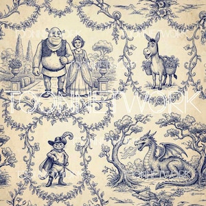 May include: A beige fabric pattern featuring blue ink-style illustrations of Shrek characters including Shrek, Fiona, Donkey, Puss in Boots, and a dragon. The design is framed by intricate floral vines and includes the text TOONNETWORK.