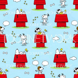 May include: A repeating pattern featuring Snoopy and his red doghouse on a light blue background. Snoopy is depicted in various poses, including lounging, dancing, and wearing sunglasses. The design includes bones, birds, and speech bubbles.
