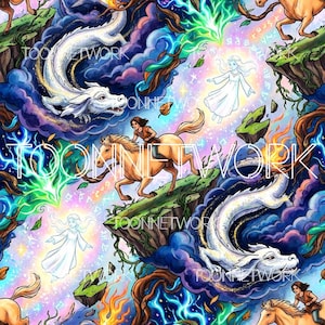 Puede incluir: Una vibrante ilustración de temática fantástica con un patrón repetido de dragones blancos, jinetes a caballo y figuras etéreas. La obra de arte está ambientada sobre un fondo de nubes coloridas, islas flotantes y el texto "TOON NETWORK".