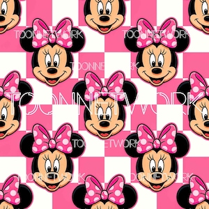 May include: A repeating pattern featuring Minnie Mouse's face with a pink polka-dot bow on a pink and white checkered background. The text "DONNETWORK" is overlaid on the image.