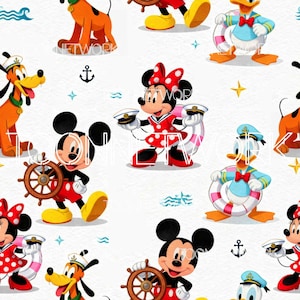 Può includere: Un motivo ripetuto con i personaggi dei cartoni animati Topolino, Minnie, Paperino e Pluto in abbigliamento nautico. I personaggi sono ambientati su uno sfondo bianco con simboli nautici come ancore e onde.