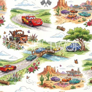 May include: A repeating pattern featuring cartoon cars in a landscape with green hills, desert scenes, a wooden bridge over a river, and red roses. The design includes a red race car, a brown tow truck, and various classic cars, with checkered flags.