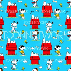 May include: A repeating pattern featuring Snoopy, Woodstock, and Snoopy's red doghouse on a light blue background. Snoopy is shown in various poses, including wearing sunglasses and a scarf. The text "TOON NETWORK" is also present.