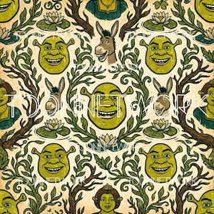 May include: A repeating pattern featuring Shrek, Donkey, and Princess Fiona faces, interspersed with lily pads and leafy vines. The design has a vintage, slightly distressed look, with the text "TOON NETWORK" overlaid in white.