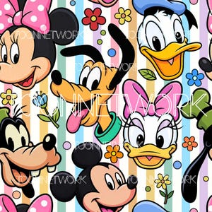 以下が含まれることがあります： ミッキーマウス、ミニーマウス、ドナルドダック、デイジーダック、グーフィー、プルートの漫画のキャラクターをフィーチャーしたカラフルなパターン。 デザインには花とパステルカラーのストライプが含まれており、陽気で遊び心のある美学を作り出しています。