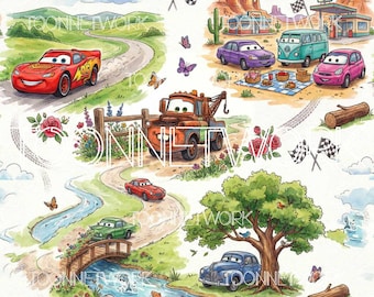 PNG + 2 more | Seamless Pattern | Car Toile de Jouy Colored | COMMERCIAL USE