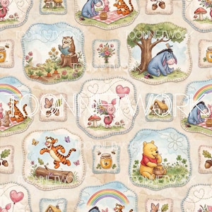 Peut inclure: Un motif de tissu répétitif présentant des illustrations à l'aquarelle des personnages de Winnie l'ourson, dont Porcinet, Tigrou, Bourriquet et Maître Hibou. Le design inclut des pots de miel, des arcs-en-ciel, des fleurs et des papillons.