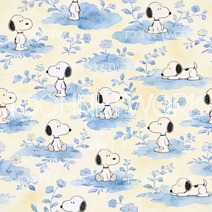 May include: A repeating pattern featuring Snoopy, the cartoon dog, in various poses. The background has a light yellow hue with blue floral and cloud-like designs. Snoopy is depicted in white with black ears and a black spot on his back, wearing a red or blue collar.