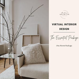 Puede incluir: Una escena de salón de tonos neutros con un sofá color crema y un cojín esponjoso. Una mesa de cristal exhibe un jarrón con ramas. El texto dice "Virtual Interior Design" y "The Essential Package".