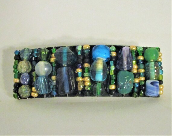 Large "Tapestry Beaded"  Barrette - Blues and Gre… - image 1