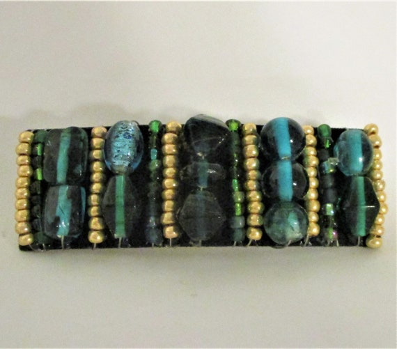 Large "Tapestry Beaded"  Barrette - Teal and Gold